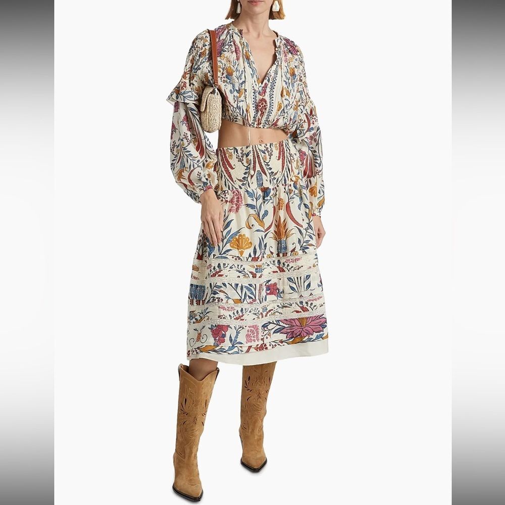 Farm Rio Romantic Lightness Long-Sleeve Blouse & Midi Skirt Set Romantic Size S